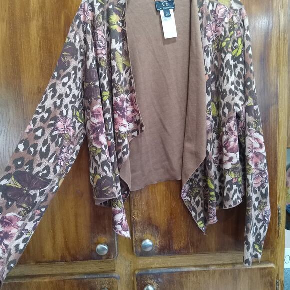 G by Giuliana Women's 1x Reversible Mocha Leopard Floral Open Cardigan Cropped - Picture 7 of 10
